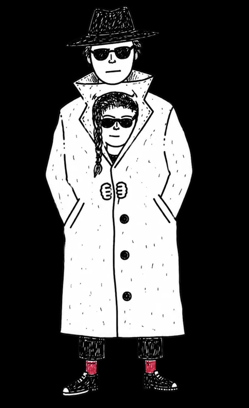 Two BadRep characters disguised as one — partners-in-crime in a trench coat
