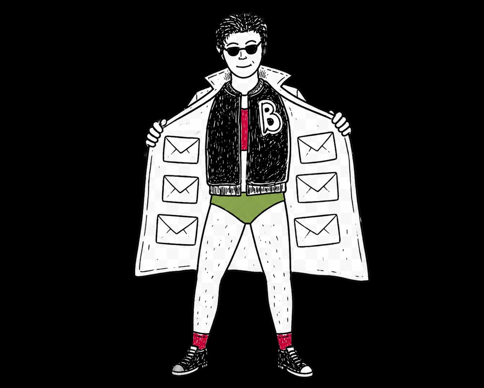 BadRep character revealing emails inside their coat