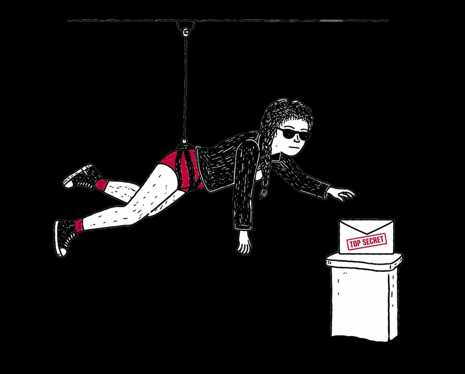 Marketer suspended from a ceiling cable reaching for a TOP SECRET email envelope on a pedestal