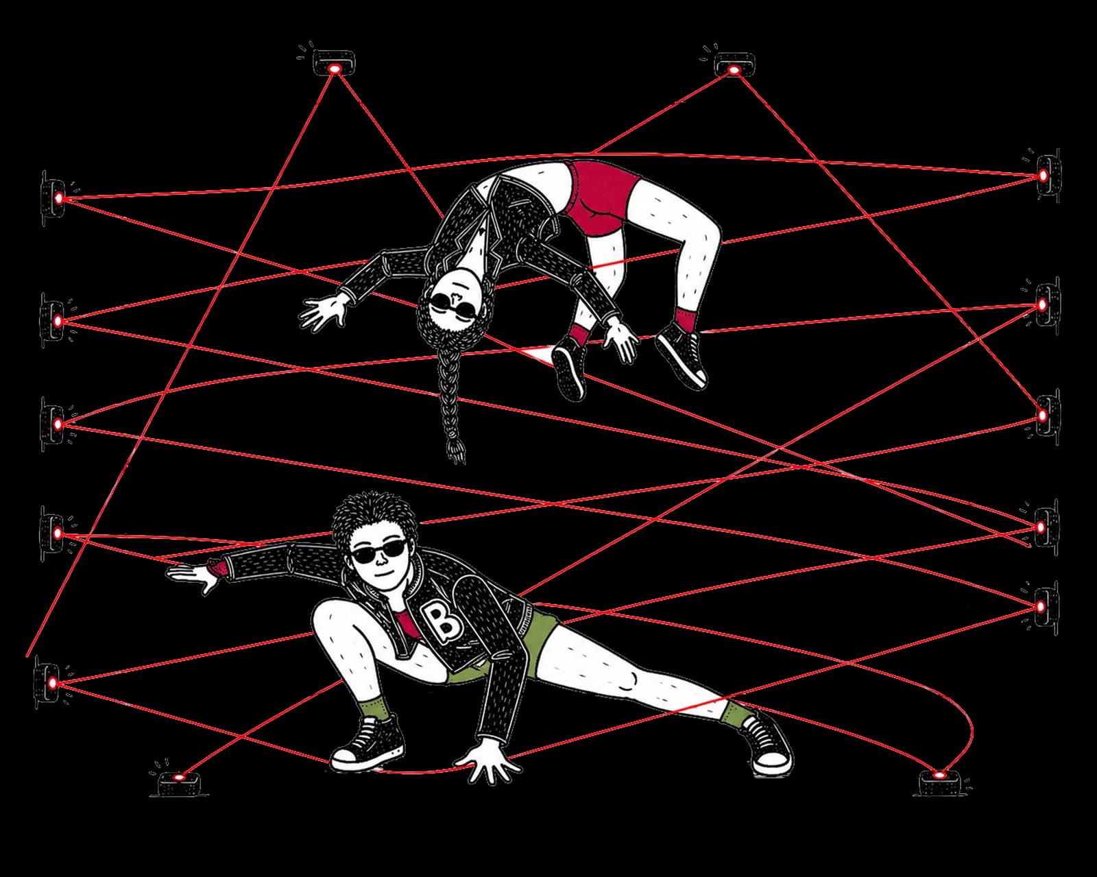 Two figures crawling through a grid of red laser security beams