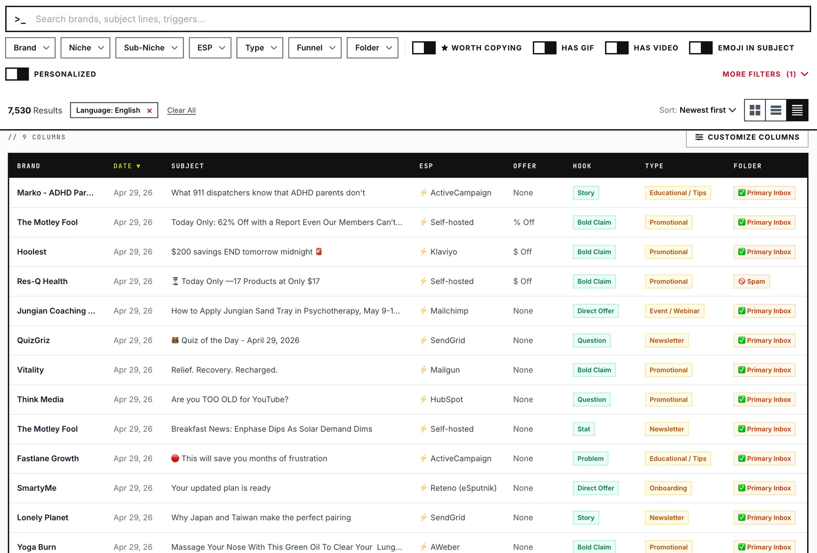 BadRep vault — list view with filters applied, showing dozens of classified emails as scannable rows
