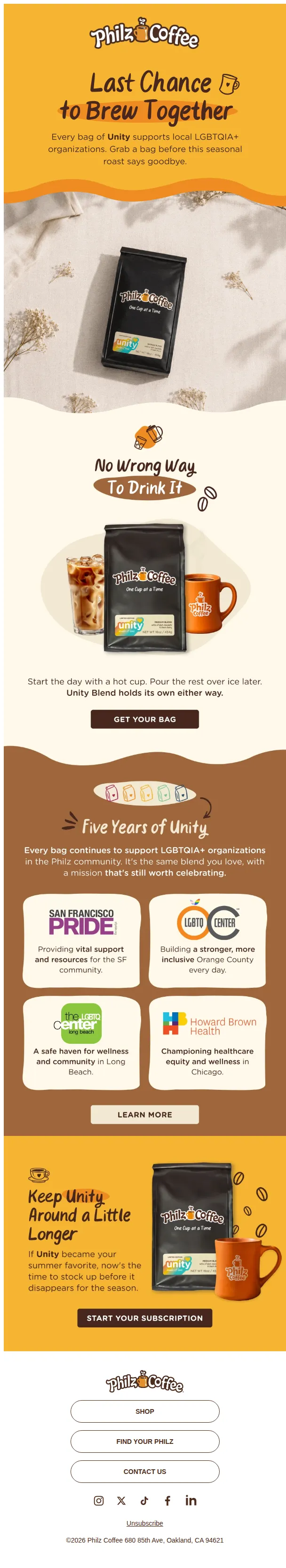 Philz Coffee email: Secure your bag of Unity before it’s gone. ⏰☕