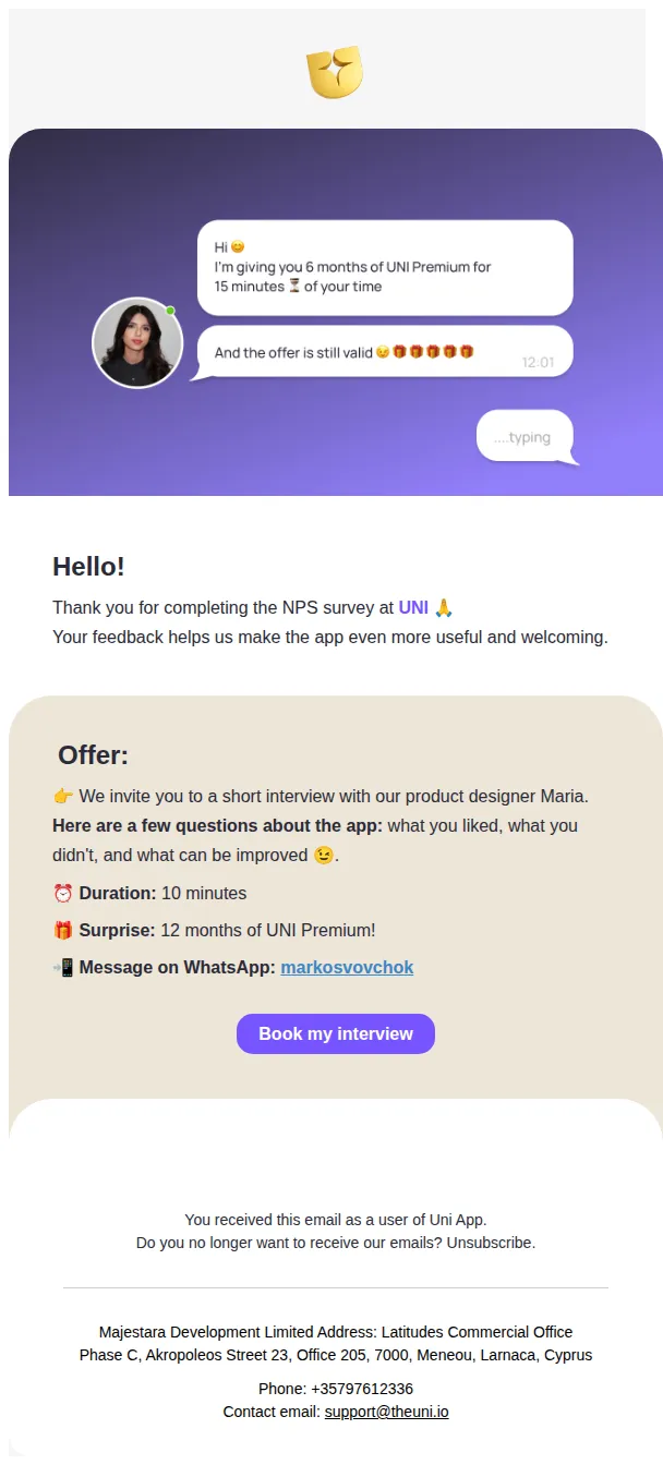 UNI email: 🎉 Win 12 months of UNI Premium by participating in a quick interview!