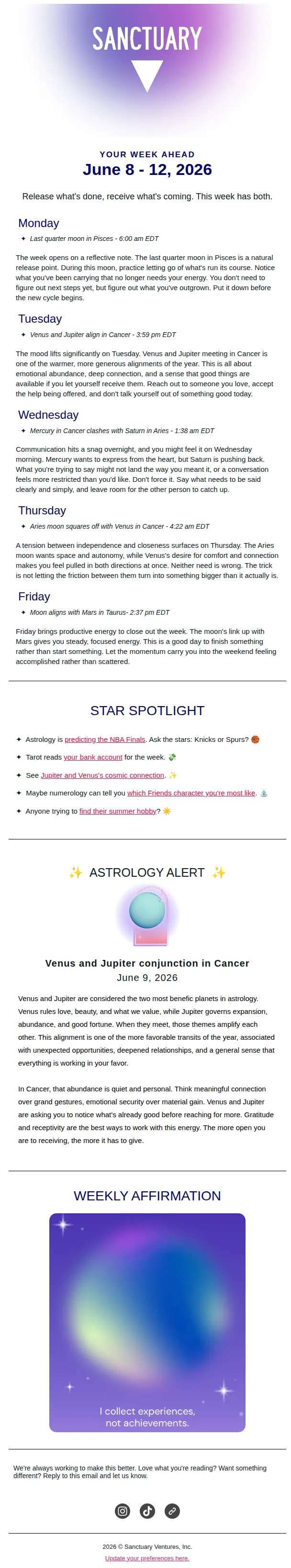 Sanctuary Astrology email: Tuesday is the day to say yes 💫