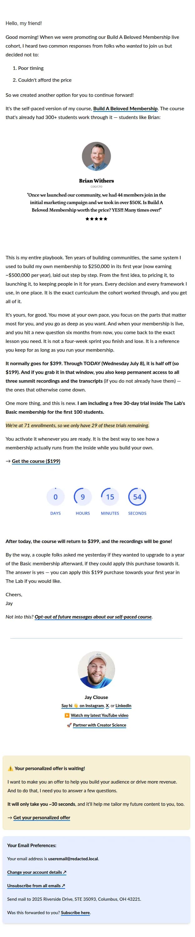 Jay Clouse email: Ends today: 50% off my membership playbook