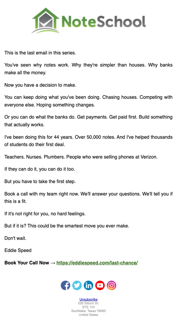Eddie Speed email: I'm only taking a few more calls this week