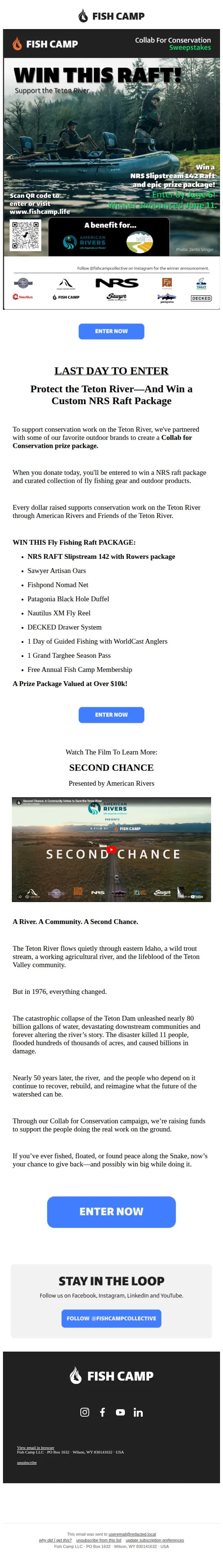Fish Camp email: LAST DAY to Support the Teton River and Win a $10K+ Raft Angling Package
