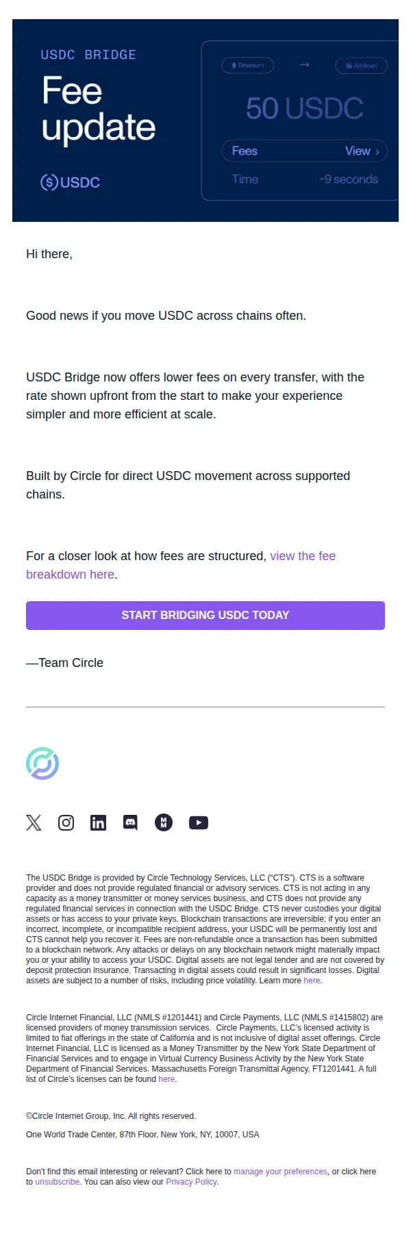 Team Circle email: We’ve improved USDC Bridge for your operations