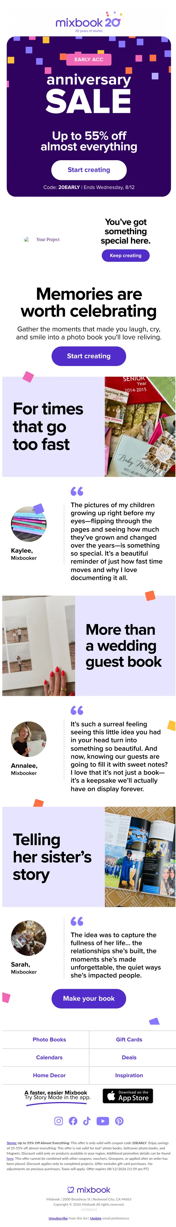 Mixbook email: Get in on our Anniversary Sale early 🥳