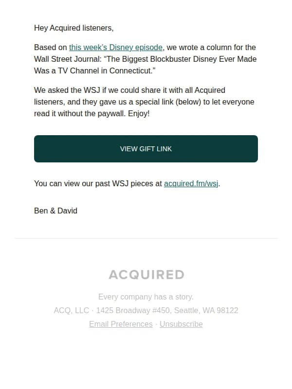 Ben & David at Acquired email: ESPN funded the Disney you love