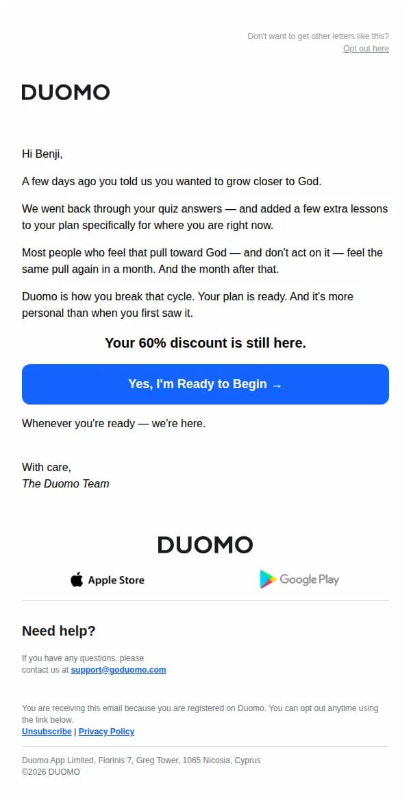 Duomo email: Benji, we went back through your quiz answers