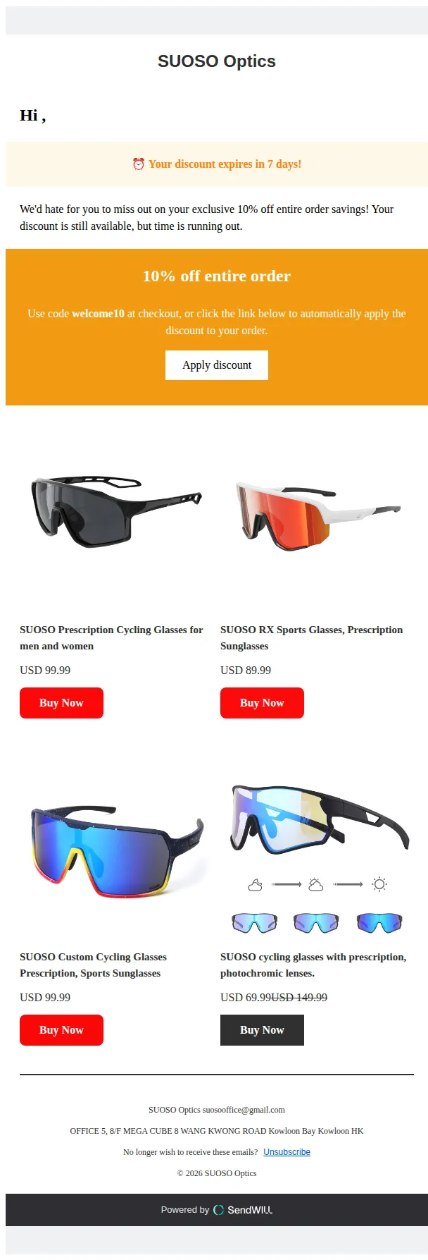 Ecomsend email: , your 10% off entire order discount expires soon!