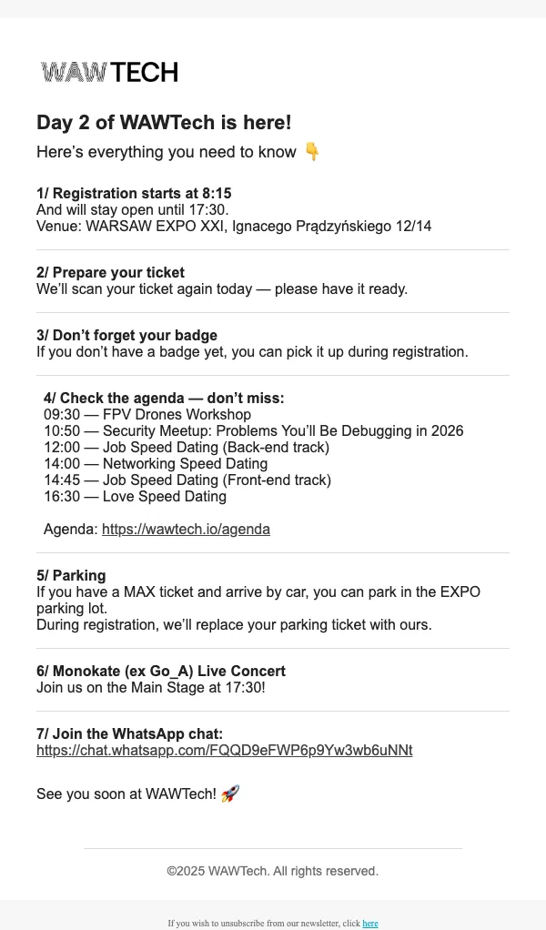 WAW TECH email: WAWTech Day 2 — Key Info for Today