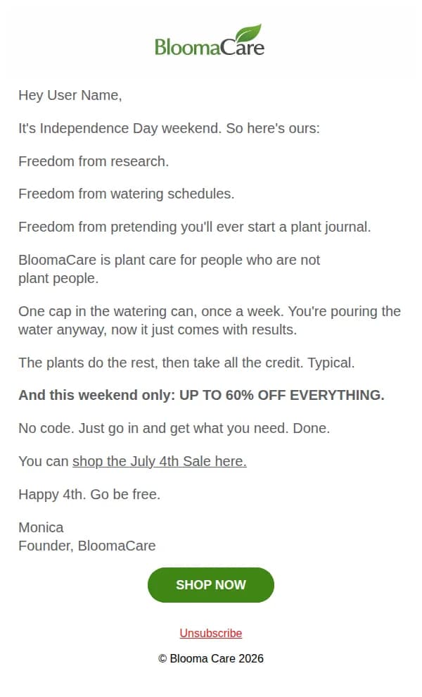 BloomaCare email: Happy 4th, Plant Parents. UP TO 60% OFF.