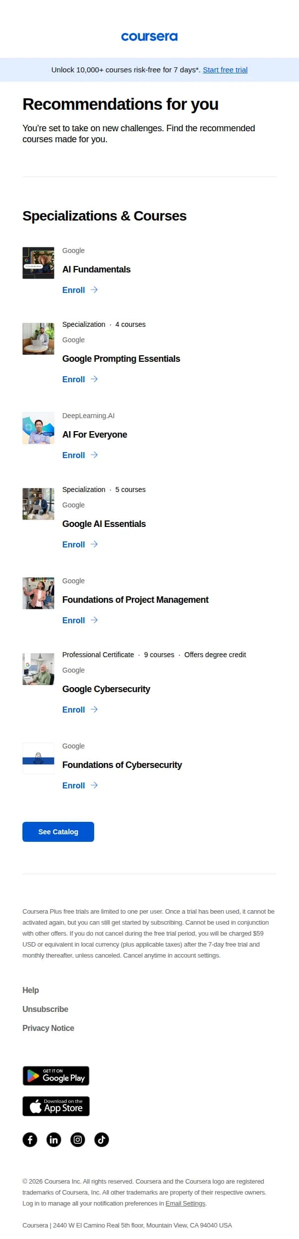 Coursera email: Ready: AI Fundamentals