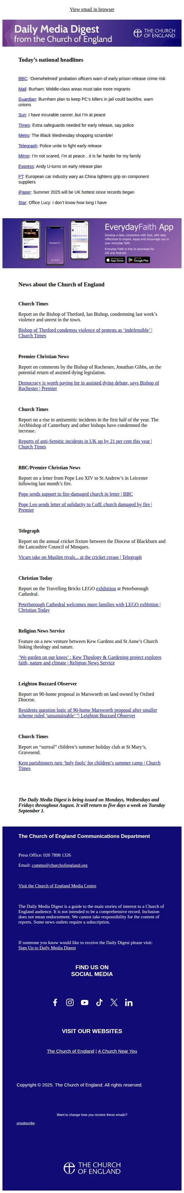 Church of England email: Today's Daily Media Digest