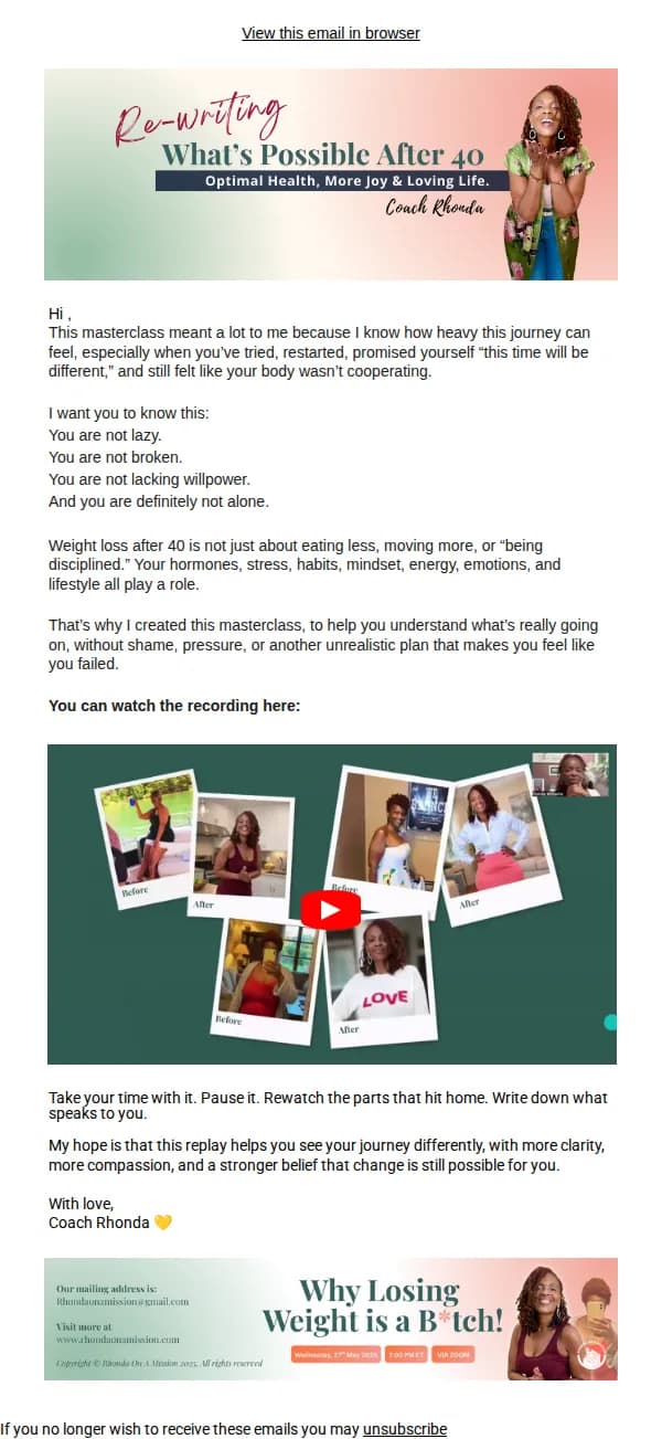 Rhonda on a Mission email: Your replay is here: Why Losing Weight is a B*tch
