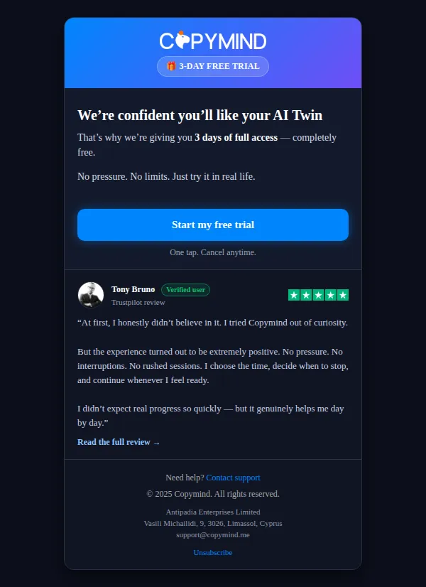 Copymind email: A free 3-day access to your AI Twin