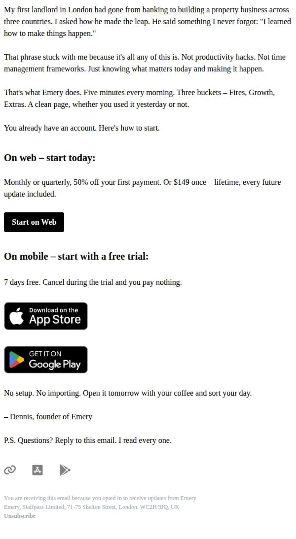 Dennis from Emery email: One more thing, then I'll stop emailing