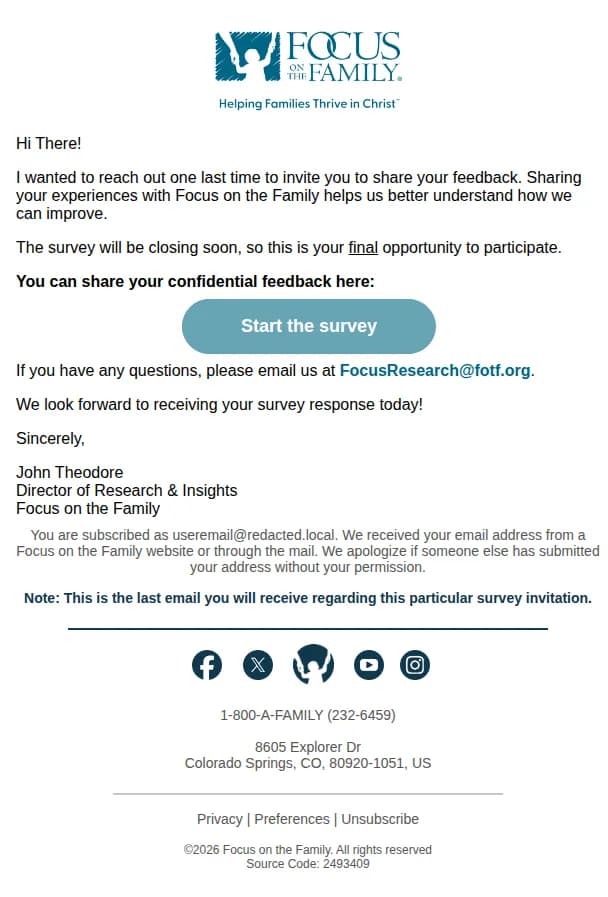 Focus on the Family email: Your last call to share your perspective!