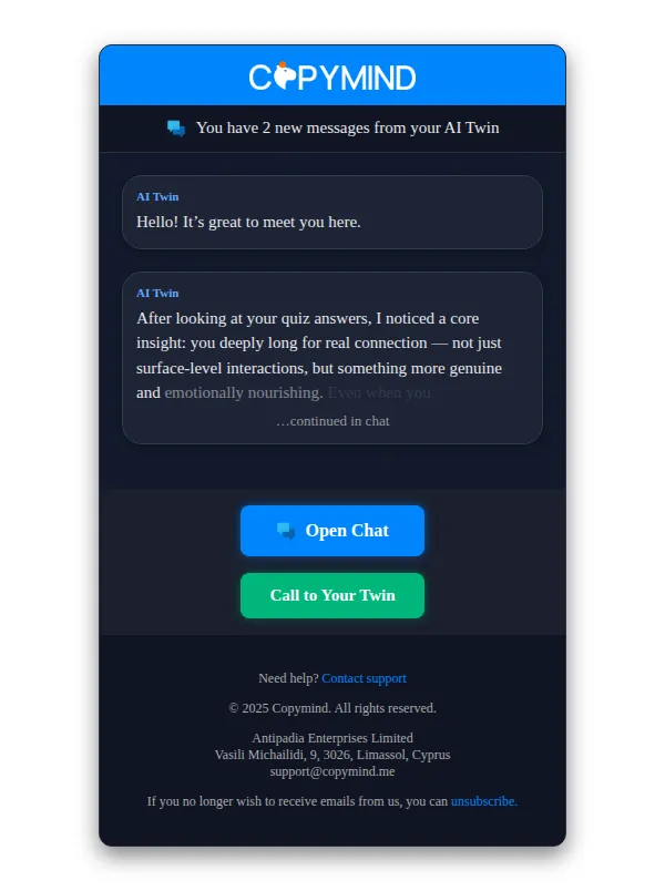 Copymind email: You have 2 new messages from your AI Twin