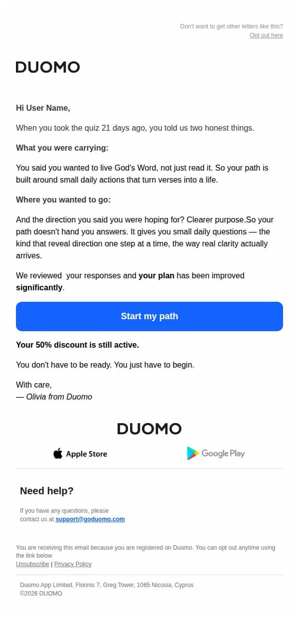Duomo email: Your path was built for exactly this