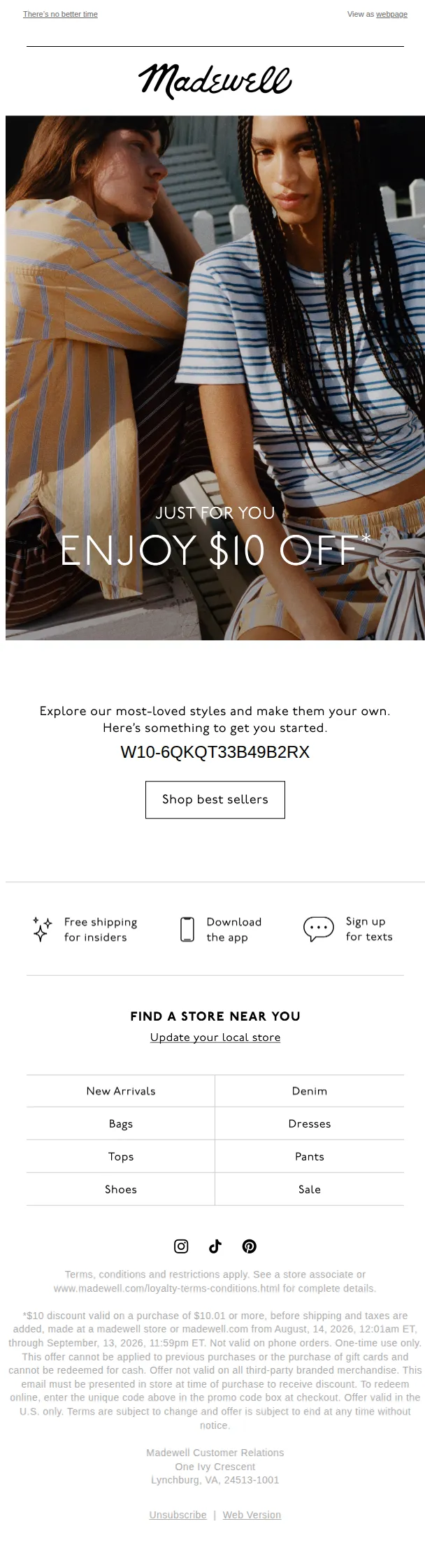 Madewell email: Hey Insider, take $10 off your first order