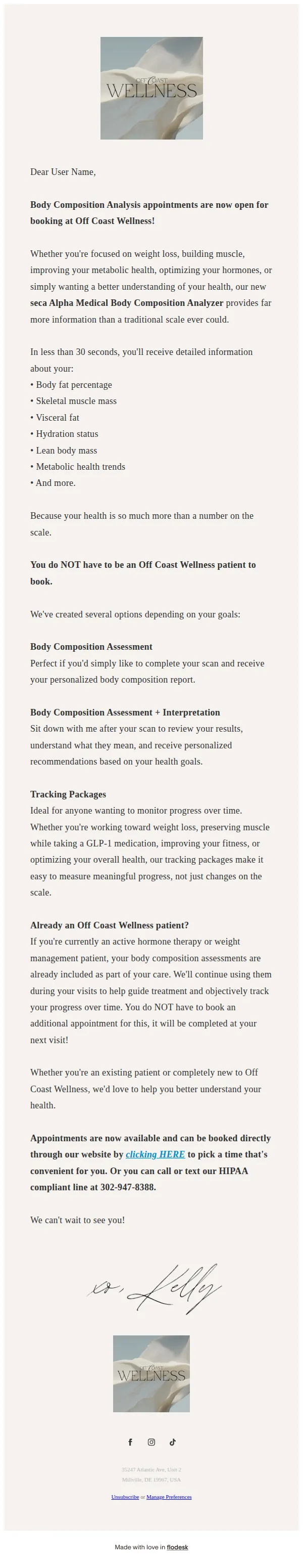 Off Coast Wellness email: Body Composition Analysis appointments are now open for booking at Off Coast Wellness!