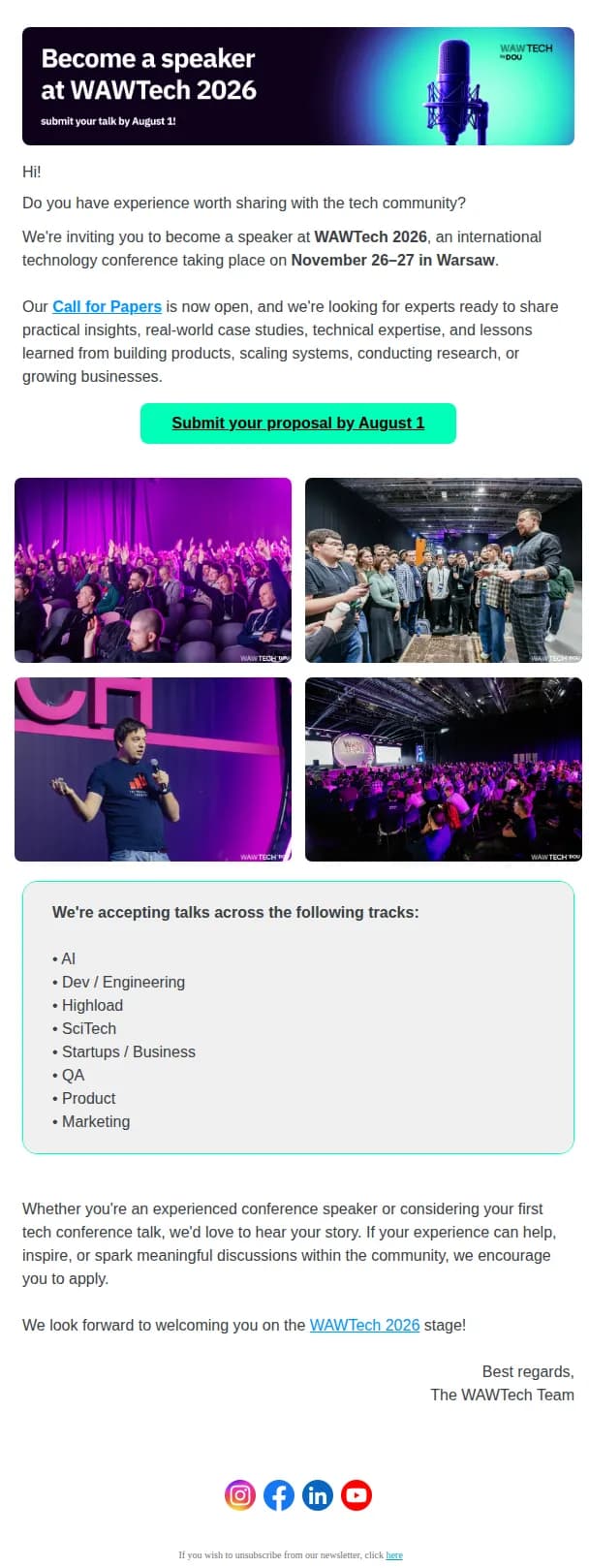 WAW TECH email: Become a speaker at WAWTech 2026 — Call for Papers is open until August 1