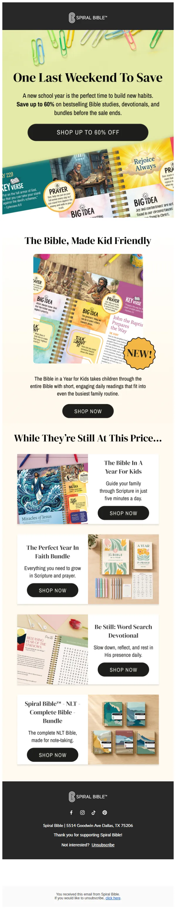 Spiral Bible email: Last chance to save up to 60%