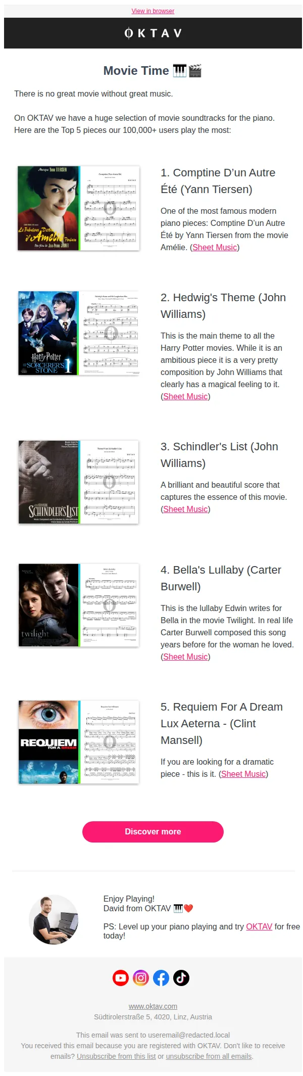 OKTAV email: The 5 Most Played Movie Soundtracks for Piano 🎹 🎬