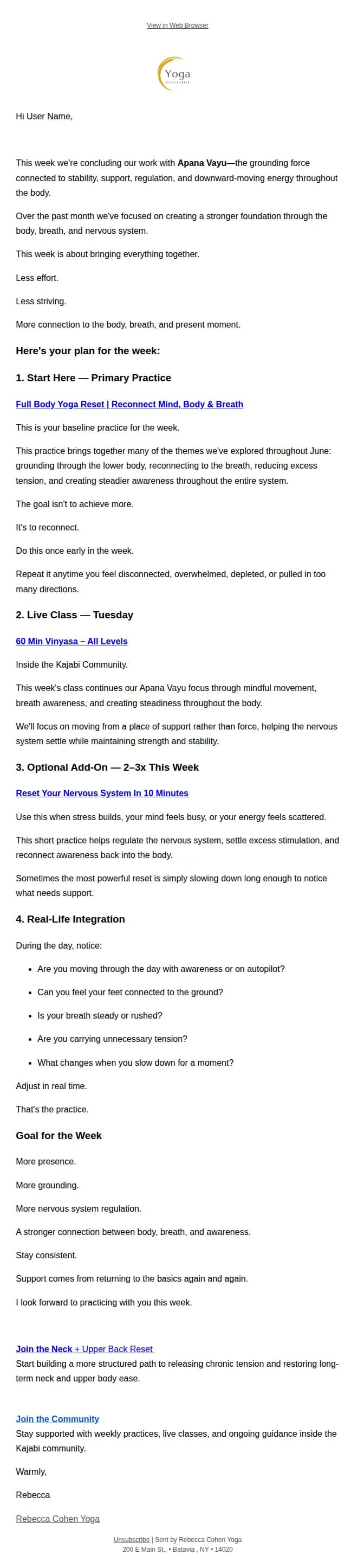 Rebecca Cohen Yoga email: Week of June 29: Integration + Grounded Presence — Your Weekly Practice Plan