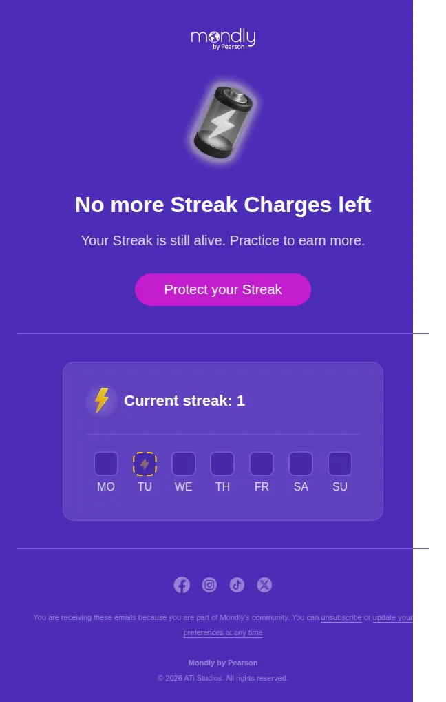 Mondly email: Streak charge: 0 🥶