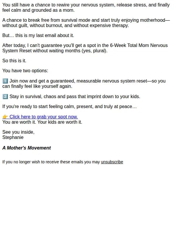 A Mother's Movement email: Doors closing… your last chance!