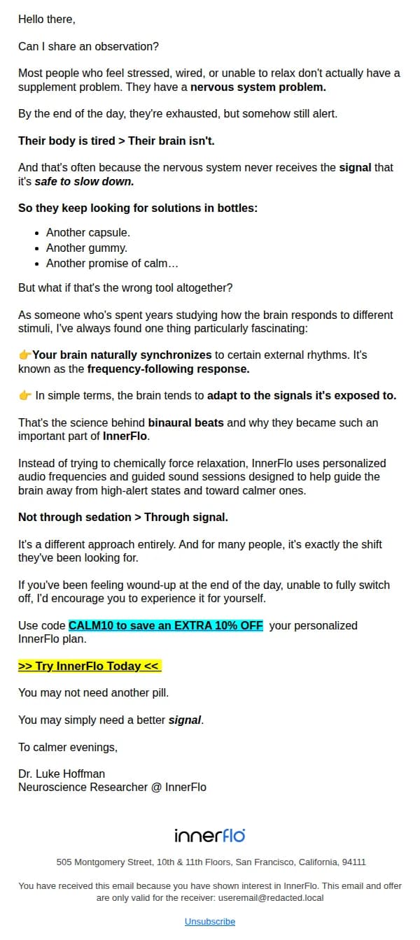 InnerFlo email: You don’t need another pill. You need an off-switch.