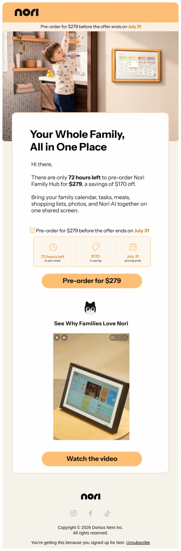 HeyNori email: 72 hours left to save $170 on Nori Family Hub ⏰