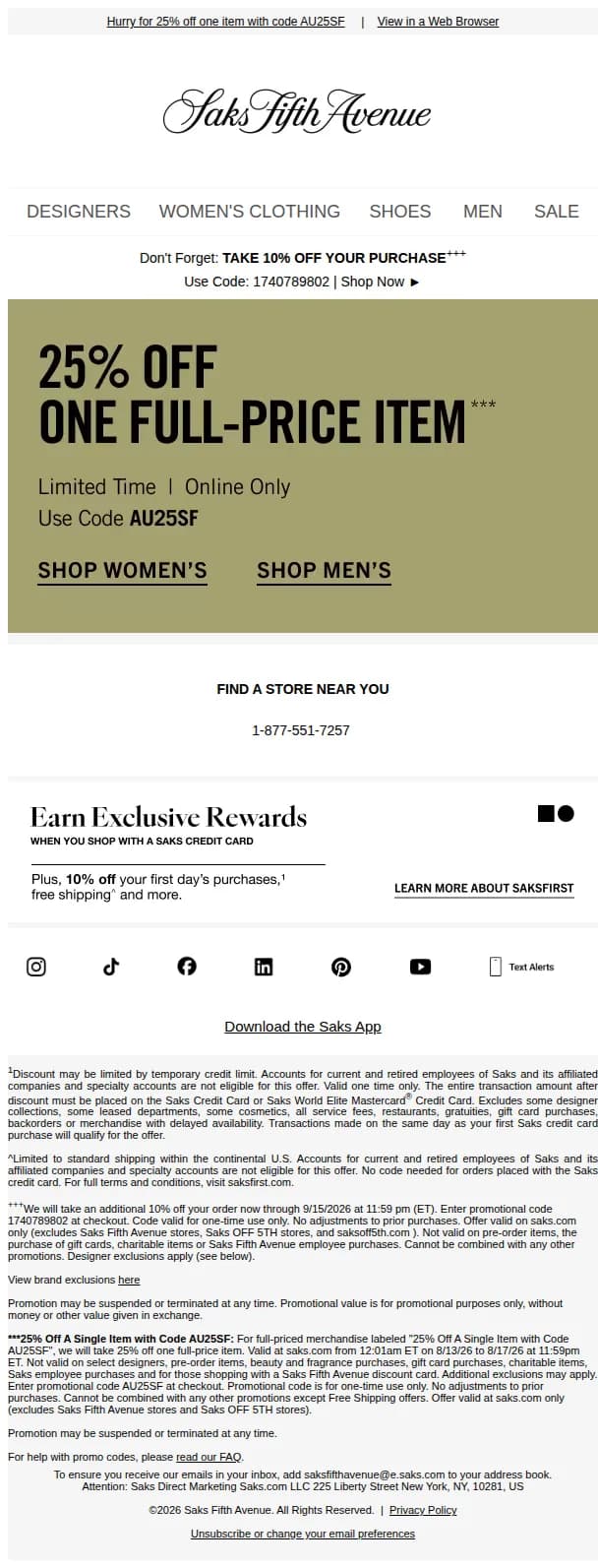 Saks Fifth Avenue email: Wishlists do come true: Take 25% off
