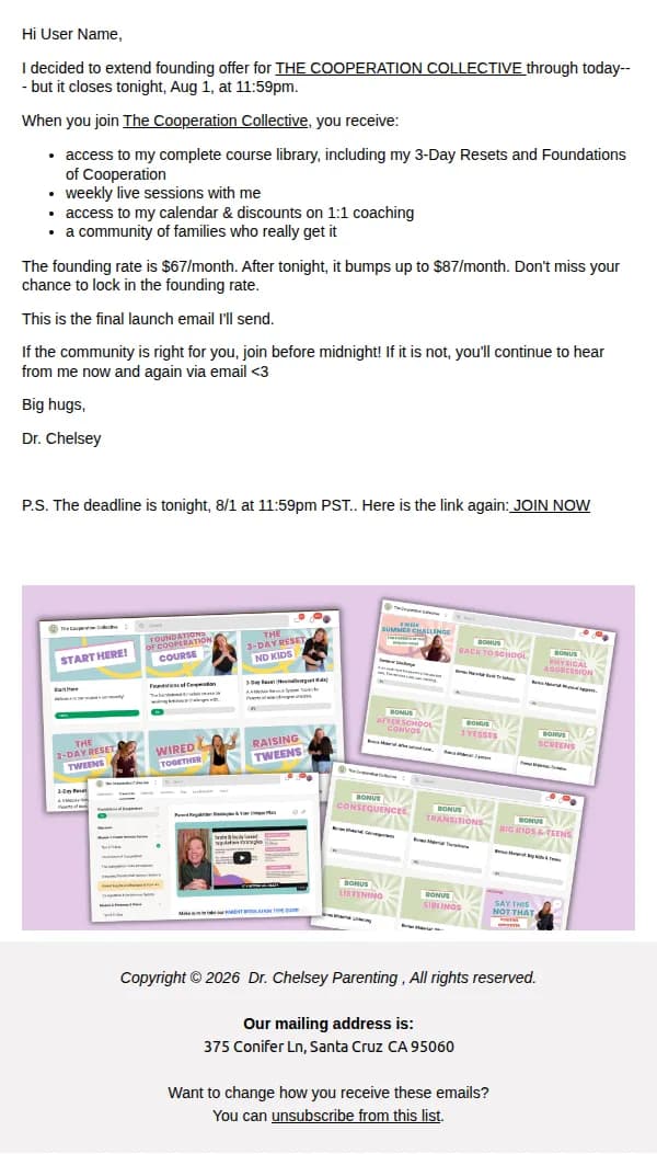 Positive Parenting email: Last call — founding access closes tonight