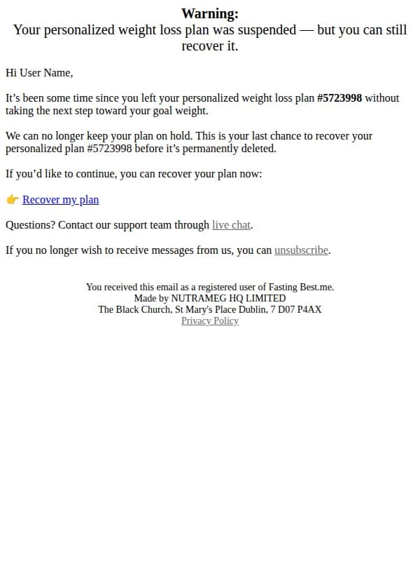 Best.me email: 🔴 Weight loss plan for useremail@redacted.local was suspended