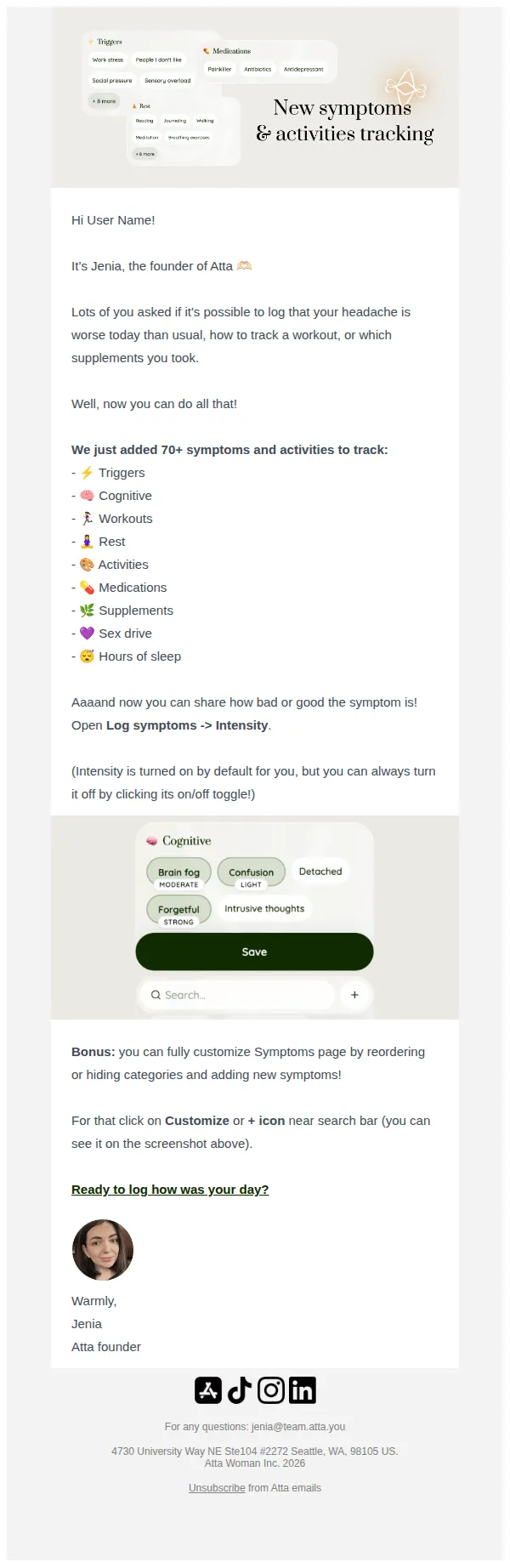 Jenia from Atta email: Advanced tracking & 70+ new symptoms 🧚🏻♀️