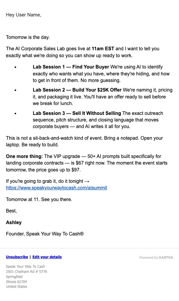 Speak Your Way To Cash email: Did you register for tomorrow yet, User Name?