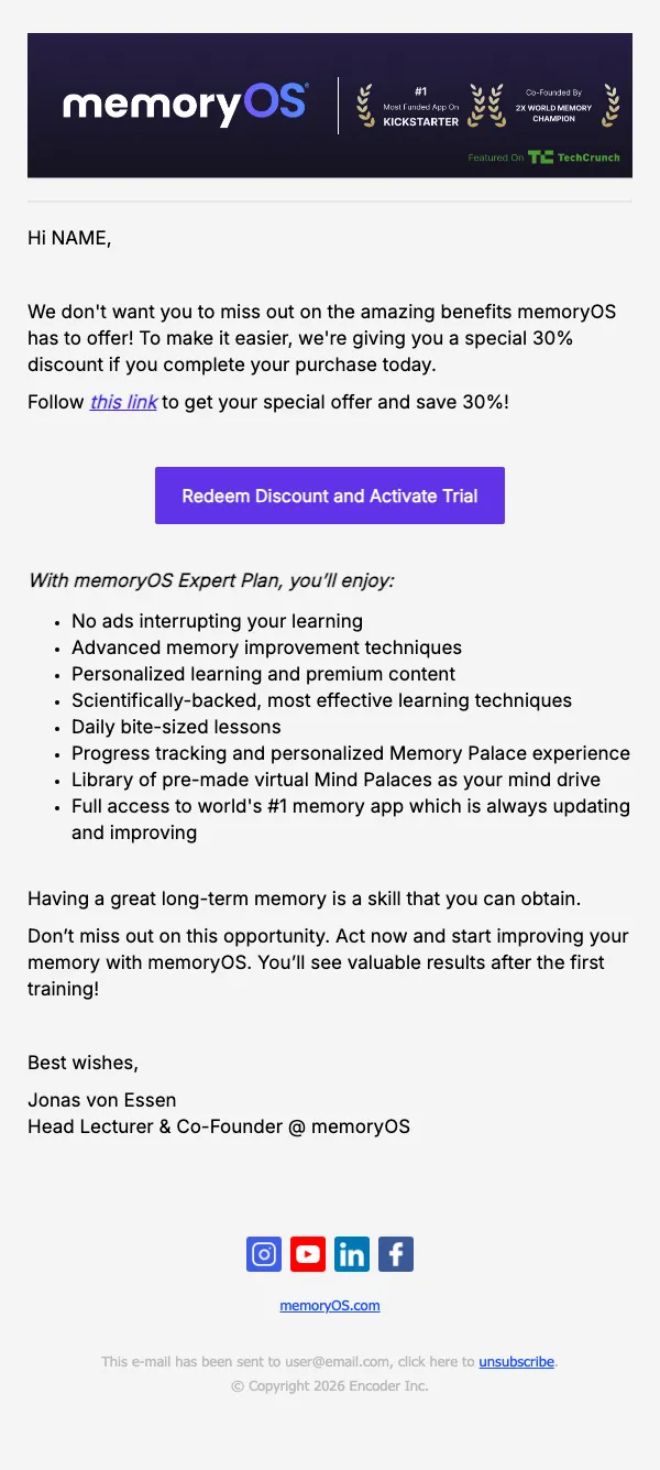memoryOS email: Don't miss your last chance to redeem this special 30% discount