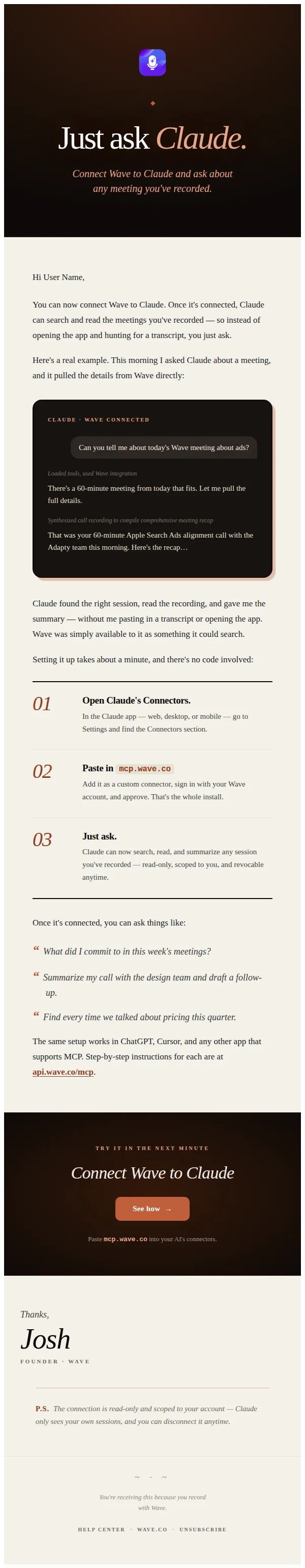 Wave email: Ask Claude about your Wave meetings