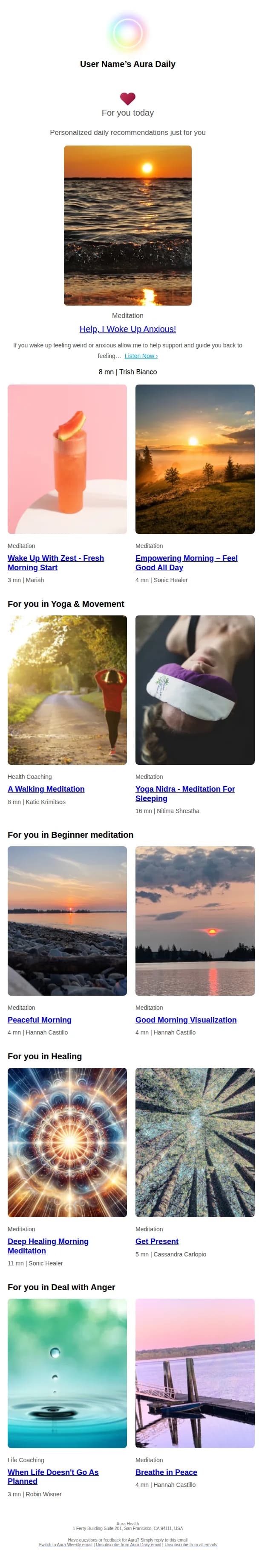 Aura Health email: Monday: Help, I Woke Up Anxious! (Meditation)