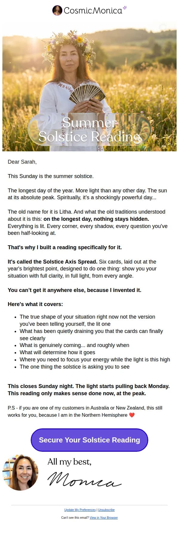 Cosmic Monica email: Sarah, the year turns on Sunday