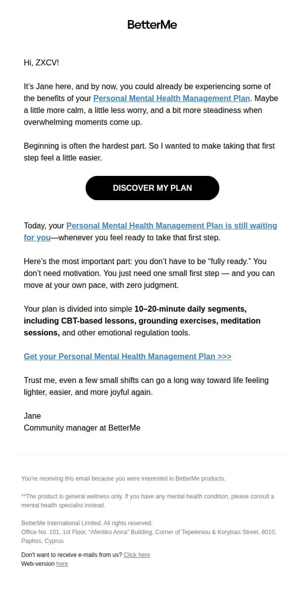 BetterMe: Mental Health email: I did this →