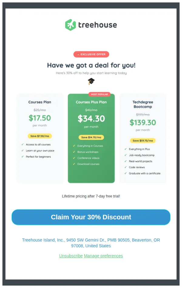 Team Treehouse email: Learn coding, AI, and more with 30% off a Treehouse plan