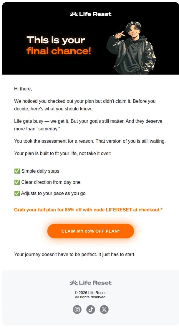Life Reset email: Your self improvement plan is still 85% off