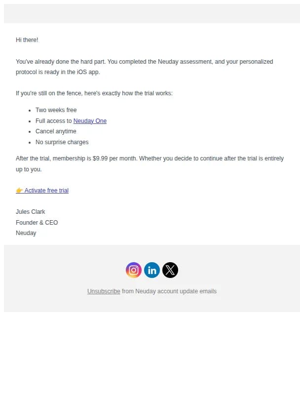 Neuday email: Two weeks free. No commitment.