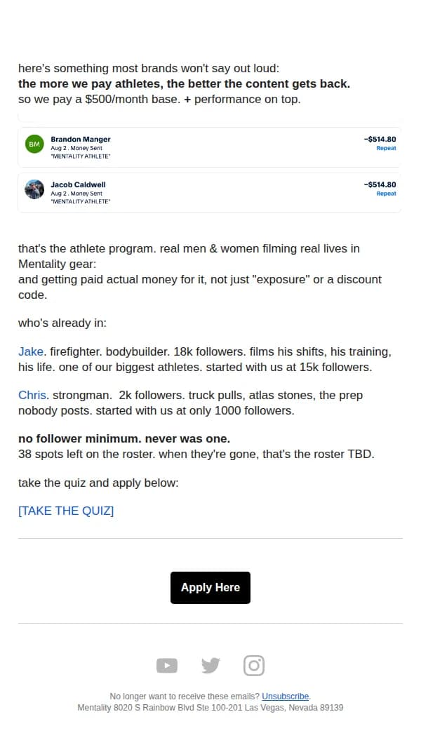 Mentality email: Our athlete program pays $500/month base.